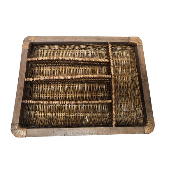Rectangle Wicker Silverware Tray Organizer 5 Compartments Utensil Holder Spoon - Picture 1 of 8